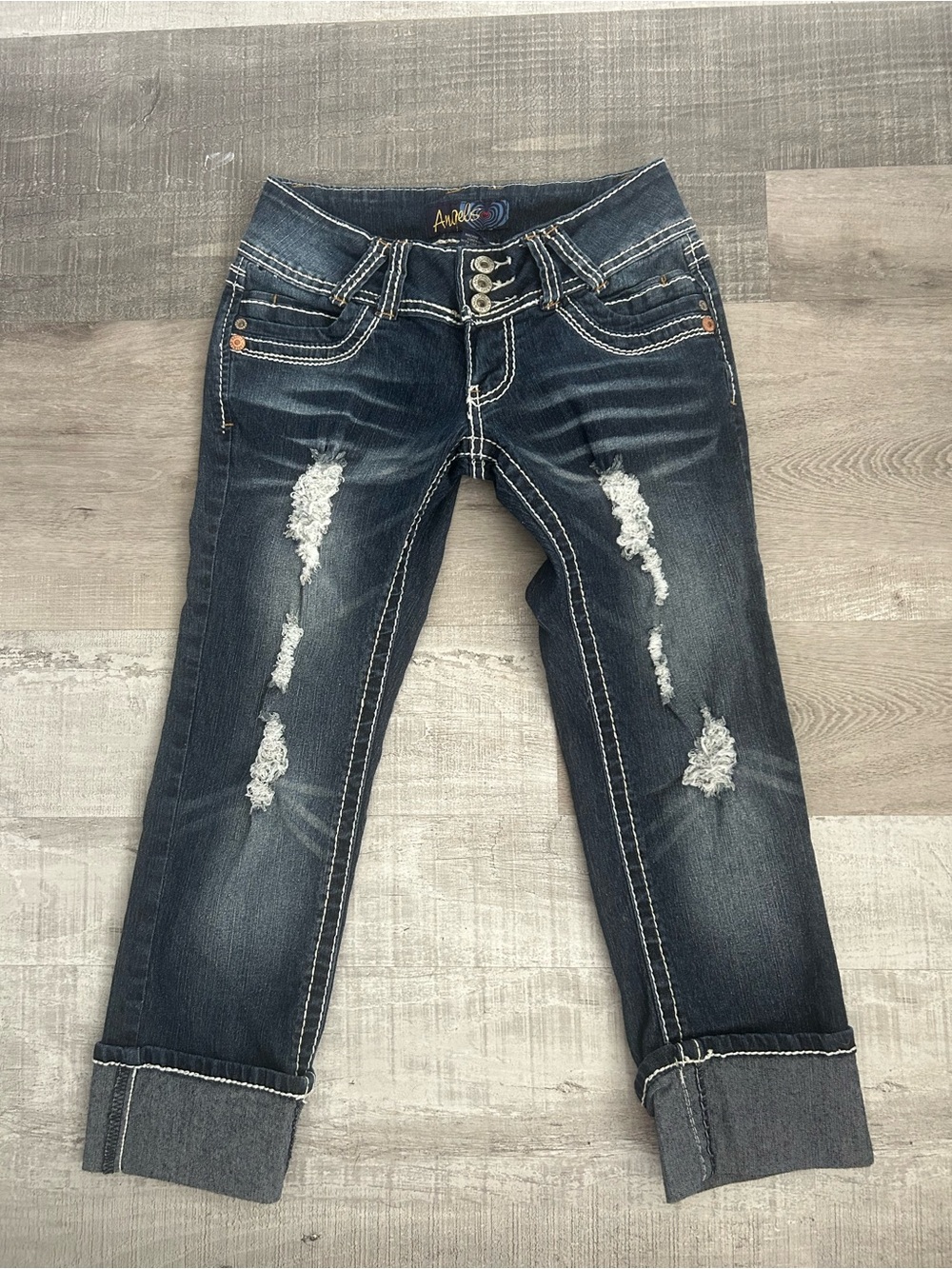 Dark  Distressed stretch  Jeans with Rolled Cuffs size 3